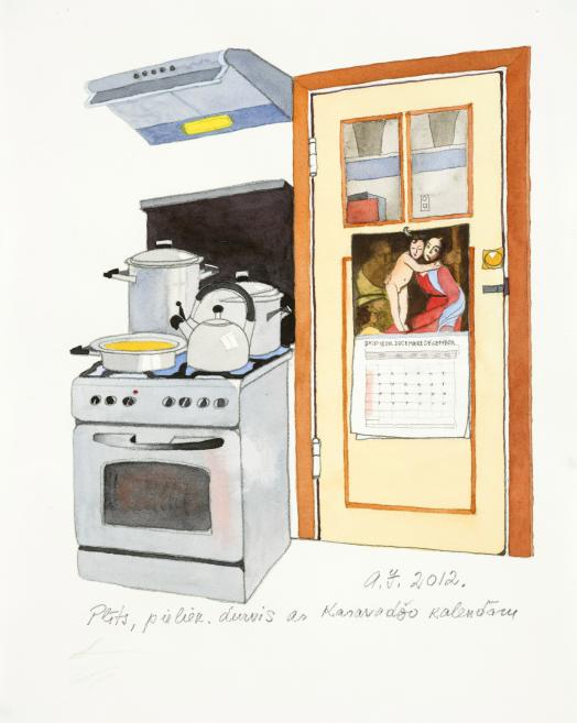 Aija Jurjāne. Stove, Pantry Door with Caravaggio Calendar. 2012. Watercolour on paper. Courtesy of the family. Publicity photo