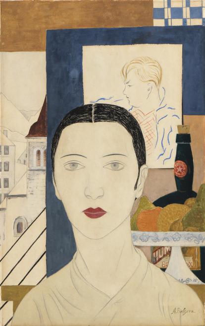 Aleksandra Beļcova (1896&ndash;1944). <em>Pa&scaron;portrets ar Austras Ozoliņas-Krauzes portretu fonā</em>. 1927&ndash;1929. Papīrs, akvarelis, tu&scaron;a. SBM kolekcija. Foto: Normunds Brasliņ&scaron;