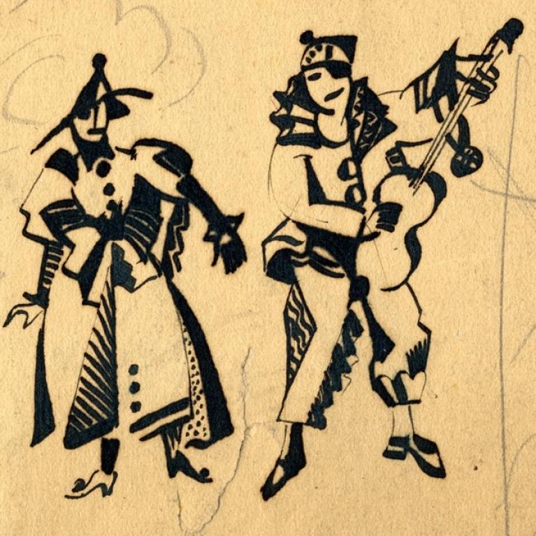 Aleksandra Beļcova. Arlekīnu figūru skices. 1923. Papīrs, tu&scaron;a. SBM kolekcija. Skenējums