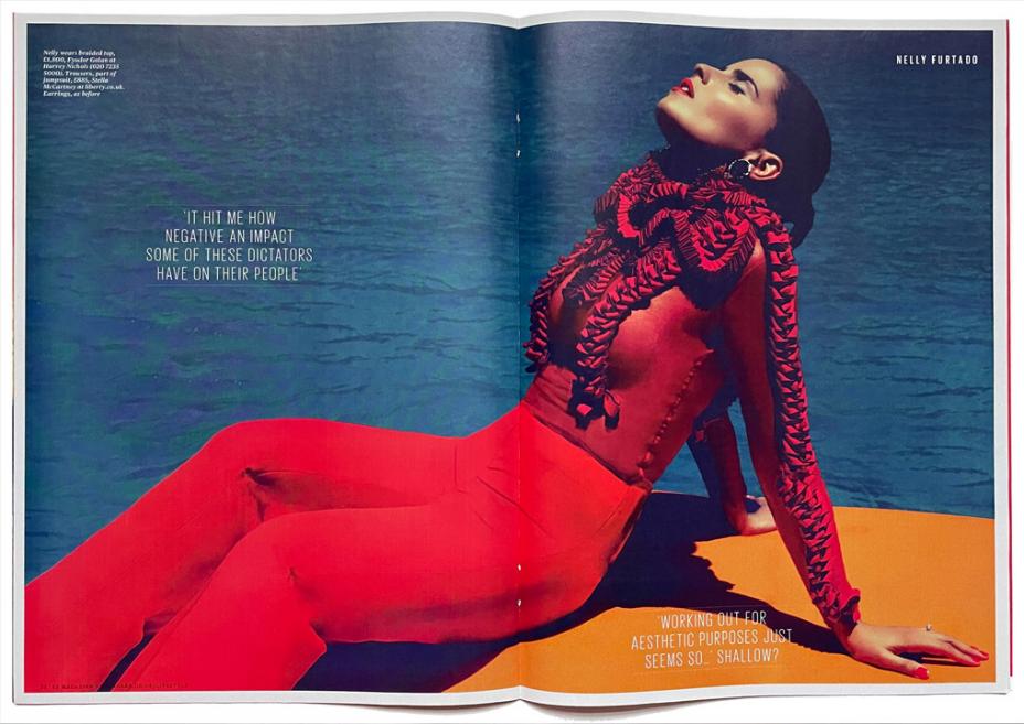 Nelly Furtado wearing FYODOR GOLAN Autumn/Winter 2012 red braided top featured in The Evening Standard magazine spread. Photography by Squiz Hamilton, style by Orsolya Szabo.