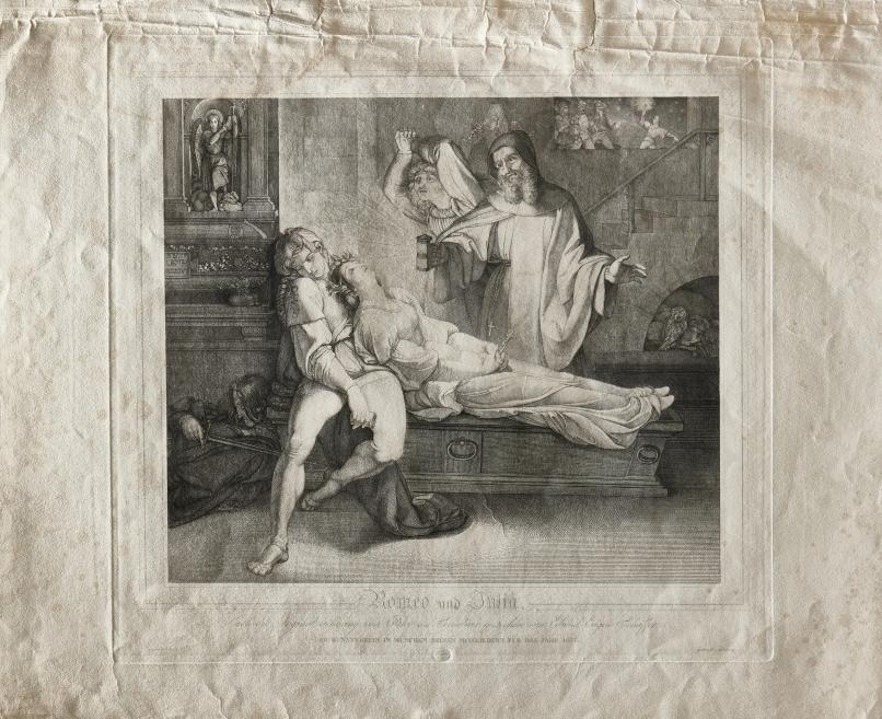 <span>Eižens Eduards &Scaron;ēfers (</span><i>Eugen Eduard Schafer</i><span>, 1802&ndash;1871, Vācija).&nbsp;</span><i>Romeo un Džuljeta</i><span>. Papīrs, gravīra. Pirms restaurācijas sānu apgaismojumā. Foto: A. Altenbergs</span>