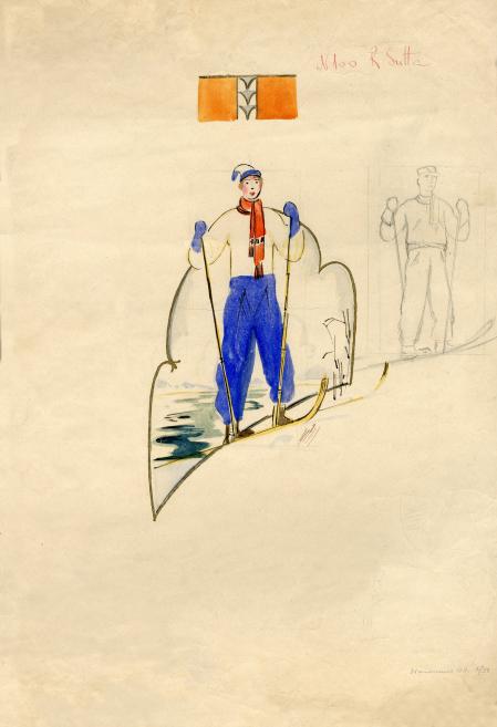 Romans Suta. Slēpotājs. Skice vāzei. 20. gs. 30. gadi. Papīrs, tu&scaron;a, akvarelis. SBM kolekcija. Publicitātes foto