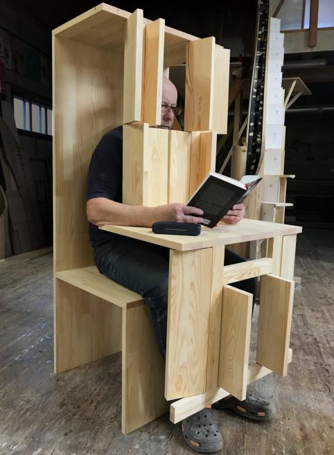 Jānis Straupe. <em>Self-isolation Chair</em>. 2019. Pine wood. Courtesy of the artist. Photo: Jānis Straupe