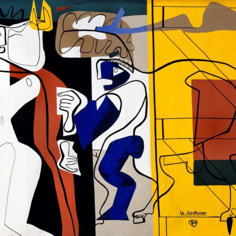 Lekorbizjē (Le Corbusier, 1887&ndash;1965). Sieviete un pakavkalējs. Tekstilija austa uz horizontālajām stellēm Bovē manufaktūrā, 1967. Vilnas audi, kokvilnas velki. &Scaron;ķieta blīvums 50 diegi uz 10 cm. 12 krāsas. 217 x 362 cm. Francijas &ldquo;Mobilier national&rdquo; (Nacionālā mēbeļu fonda) kolekcija. Foto: Isabelle Bideau
