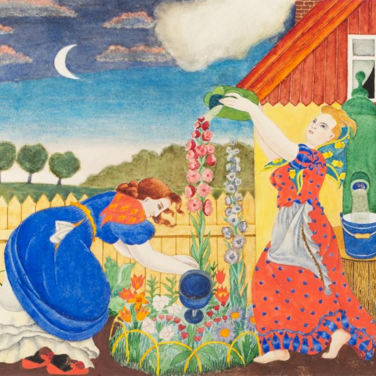Hilda Vīka. The Flower Waterers. Ca. 1933. Watercolour on paper. Collection of the Latvian National Museum of Art. Photo: Normunds Brasliņ&scaron;