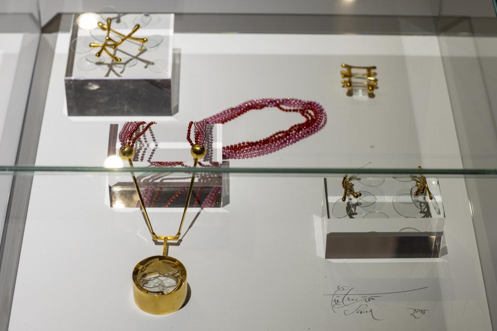 Jewelry displayed in a display case at the exhibition