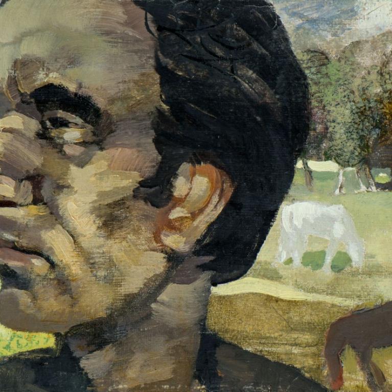 Jānis Pauļuks. Pa&scaron;portrets ar zirgiem. 1950. Audekls, eļļa. LNMM kolekcija.