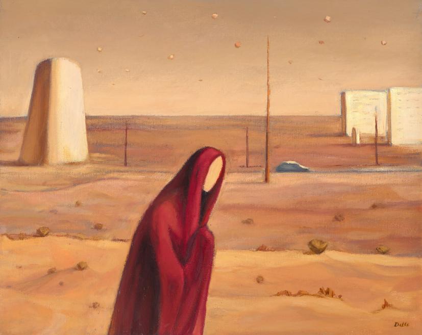 Birutas Delles glezna ar sievieti sarkanā tērpā tuksnesī