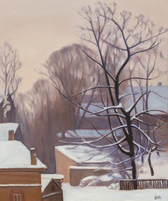 Birutas Delles pilsētas skats ar mājām un sniegu brūnīgos toņos