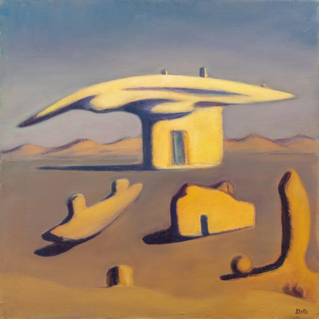 Birutas Delles gleznā abstraktas dzeltenas mājas tuksnesī