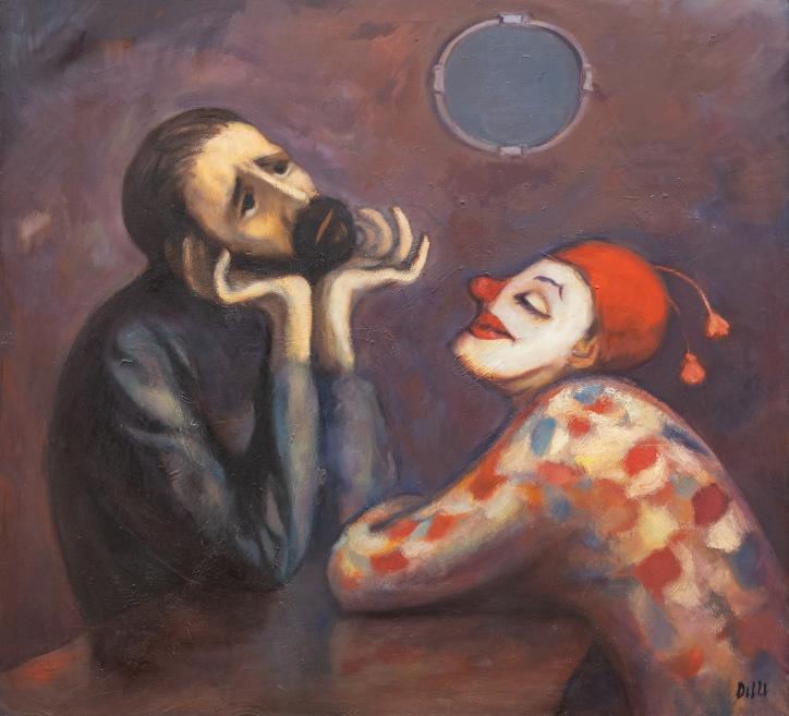 A conversation between a man and a clown at the table