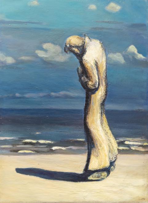 Birutas Delles gleznā gaišs tēls stāv pie zilas jūras
