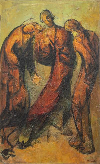 Three brown, abstract figures