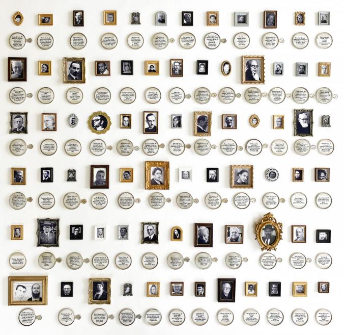 Caren Garfen (United Kingdom). Selection II. 2022. Cotton, silk threads, 74 vintage ophthalmic lenses, 74 miniature picture frames, photographs, hand stich. Courtesy of the artist. Publicity photo