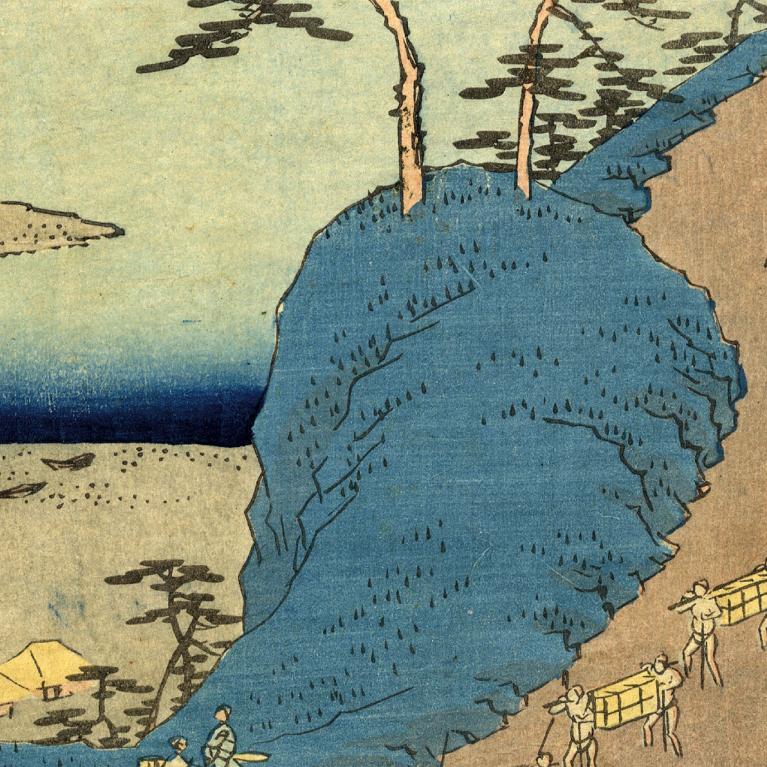 Utagava Hiro&scaron;ige (<em>Utagawa Hiroshige</em>, 1797&ndash;1858). <em>Nr. 33. &Scaron;irasuka: &Scaron;iomi nogāzes ainava, vertikālais Tōkaidō</em>. 1855. Papīrs, krāsains kokgriezums (ņi&scaron;iki-e). LNMM kolekcija. Publicitātes foto
