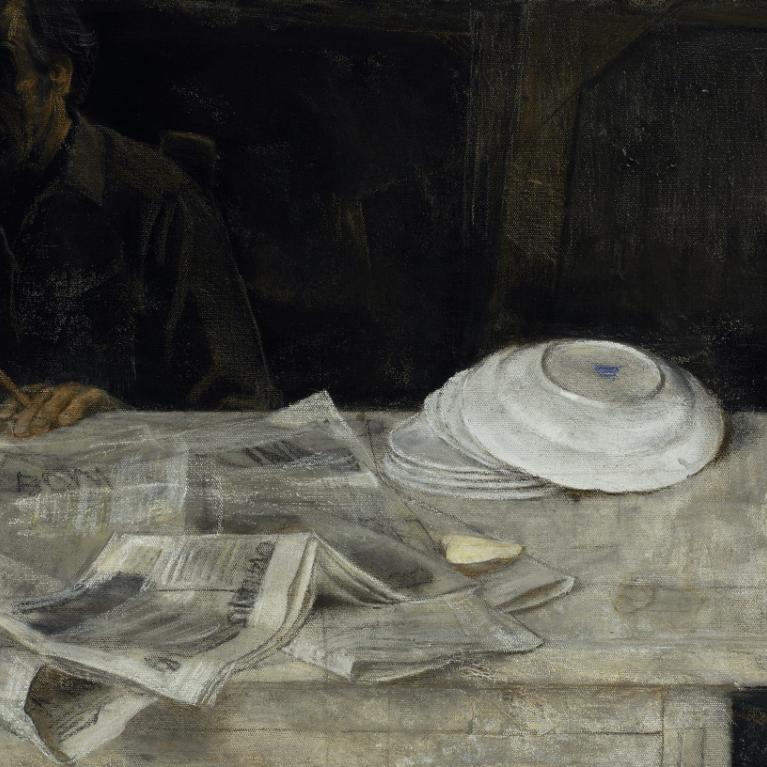 Imants Vecozols. Newspapers and Plates. 1987. Pastel on canvas. Collection of the Latvian National Museum of Art, Riga. Photo: Normunds Brasliņ&scaron;
