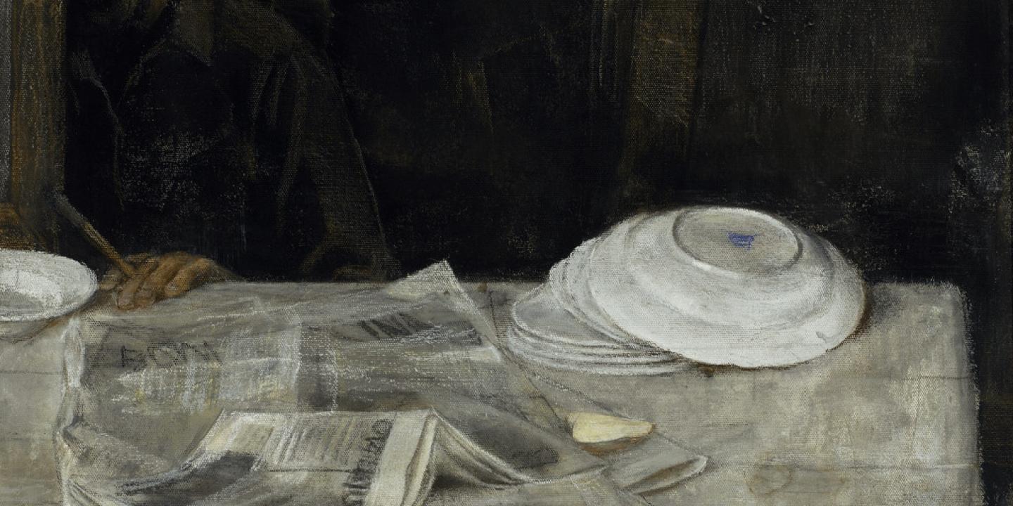 Imants Vecozols. Newspapers and Plates. 1987. Pastel on canvas. Collection of the Latvian National Museum of Art, Riga. Photo: Normunds Brasliņ&scaron;