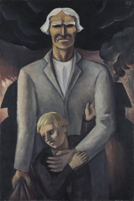Jāzepa Grosvalda mākslas darbs ar tēvu un dēlu pelēkos toņos, kara apstākļos