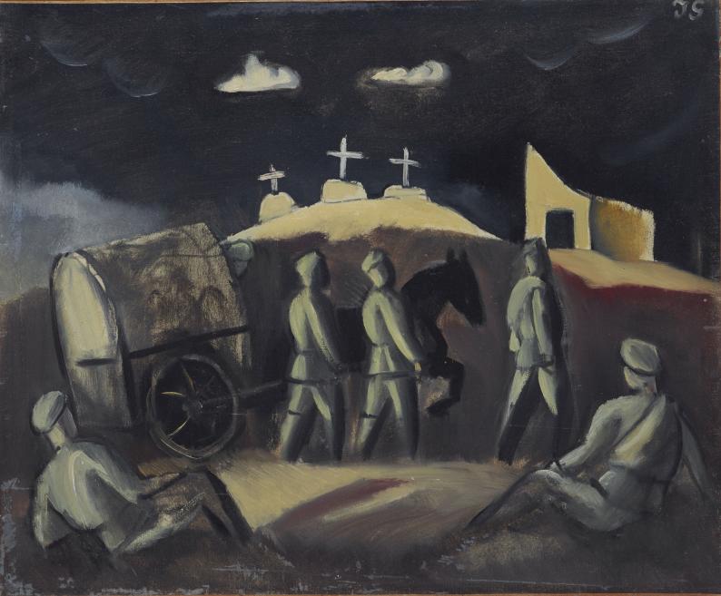 Jāzepa Grosvalda mākslas darbs ar karavīriem un kara vidi