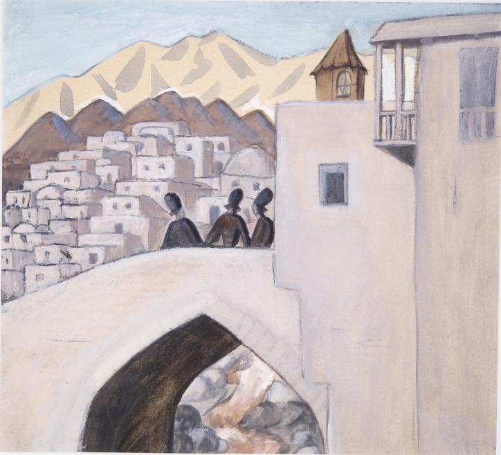Jāzepa Grosvalda mākslas darbs austrumu pilsētā ar tiltu un trīs cilvēkiem