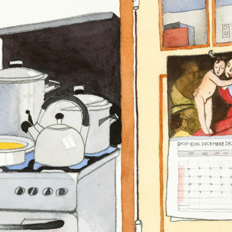 Aija Jurjāne. Plīts, pieliekamā durvis ar Karavadžo kalendāru. 2012. Papīrs, akvarelis. Ģimenes īpa&scaron;ums. Publicitātes foto