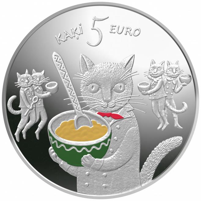 Fairy Tale Coin I. Five Cats. Graphic design: Anita Paegle. Plaster model: Jānis Strupulis. 2015. Obverse and reverse. Publicity photo
