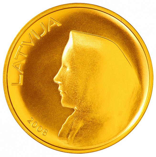Coin of Latvia. Author: Teodors Zaļkalns. Plaster model: Ligita Franckeviča. 1922 / 2008. Gold commemorative coin. Obverse and reverse. Publicity photo