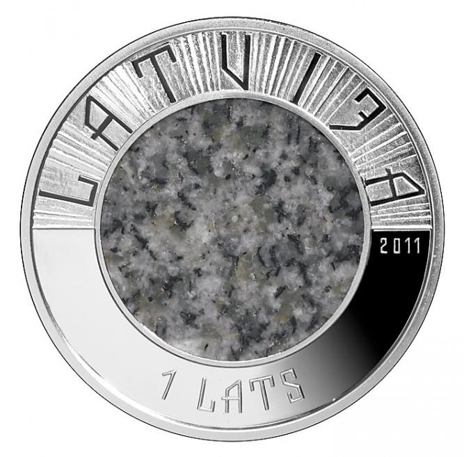 Stone Coin. Graphic design: Laimonis &Scaron;ēnbergs. Plaster model: Jānis Strupulis. 2011. Obverse and reverse. Publicity photo