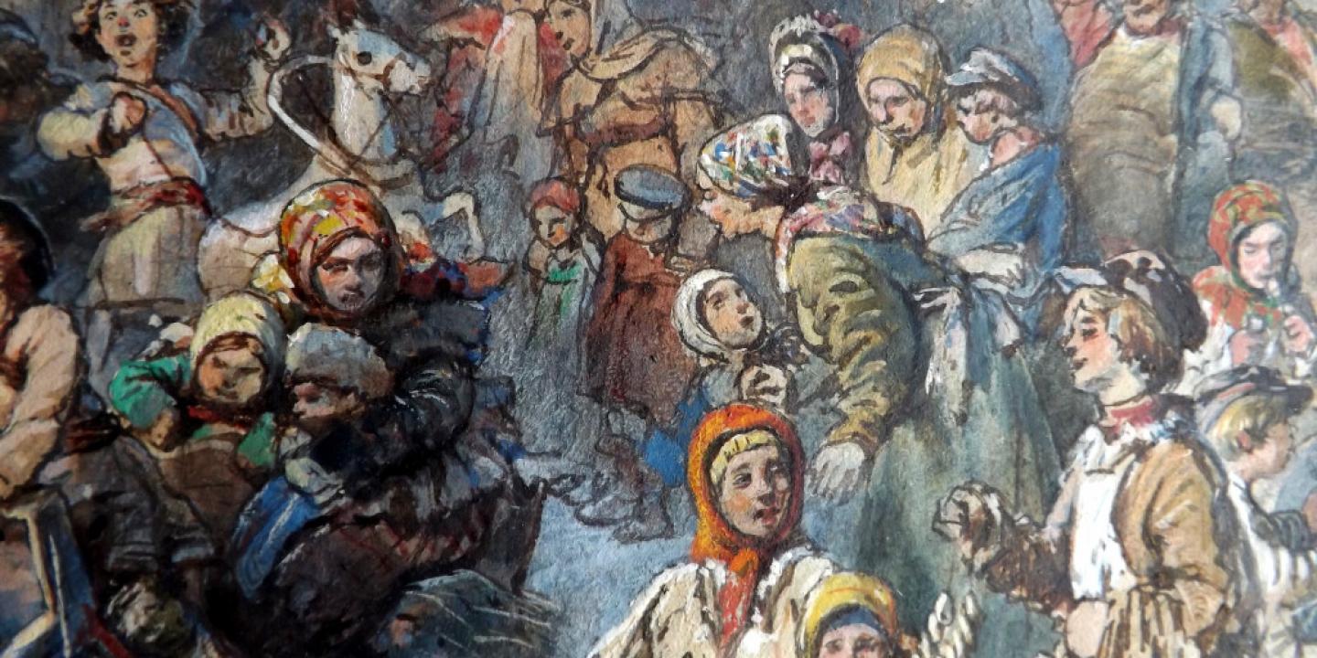 G. V. Timms. Krievu gadatirgus. Papīrs, gua&scaron;a, akvarelis. Fragments