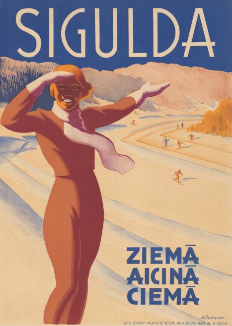 Alfrēds &Scaron;vedrēvics. Sigulda ziemā aicina ciemā [Sigulda Invites You to Visit in Winter]. Poster. Undated. Lithograph on paper. Printed by A/S Ernsts Plates. Publicity photo