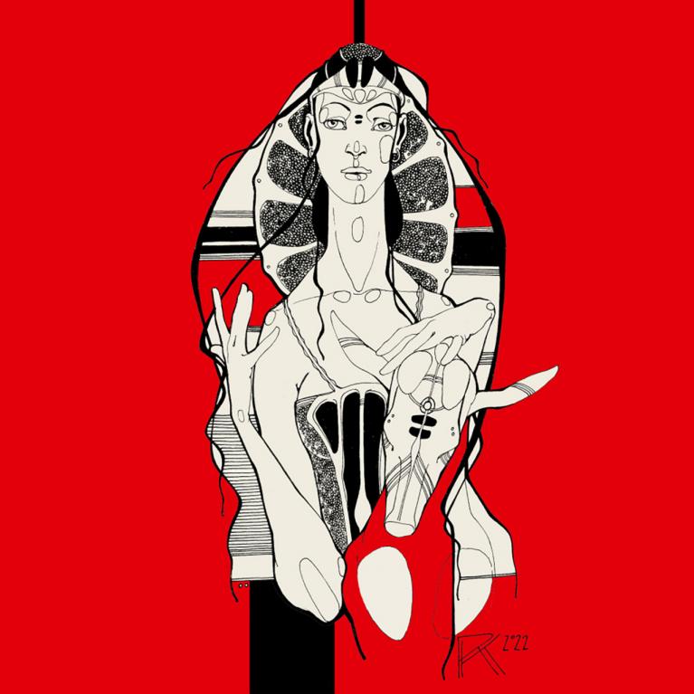 Roberts Koļcovs. Virgin with a Unicorn. 2022. Acrylic and Indian ink on canvas. Courtesy of the artist. Publicity photo