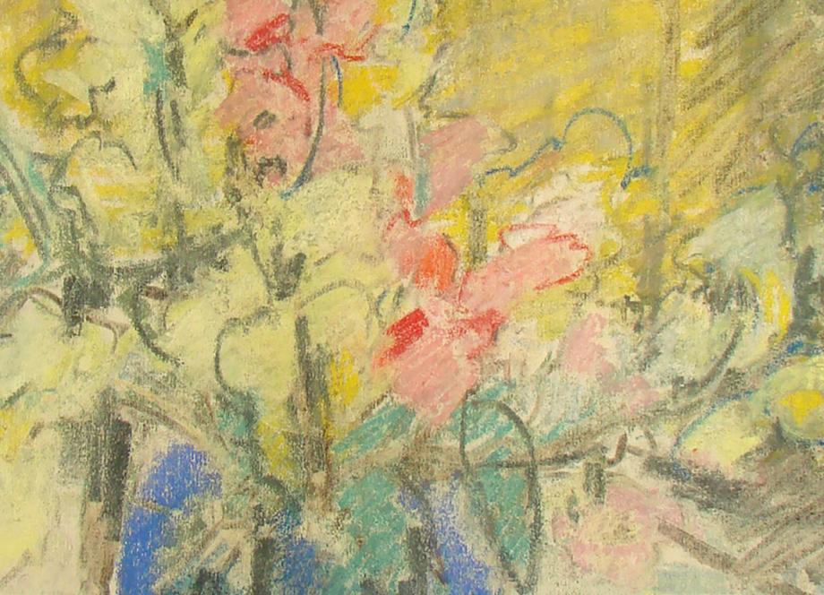 Aleksandra Beļcova. Klusā daba ar vasaras ziediem. 1950. gadi. Gruntēts kartons, pastelis. SBM kolekcija. Publicitātes foto