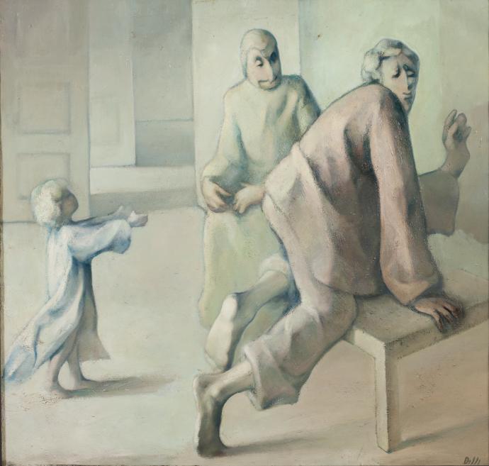 Birutas Delles gleznā divi cilvēki un bērns ar izstieptām rokām