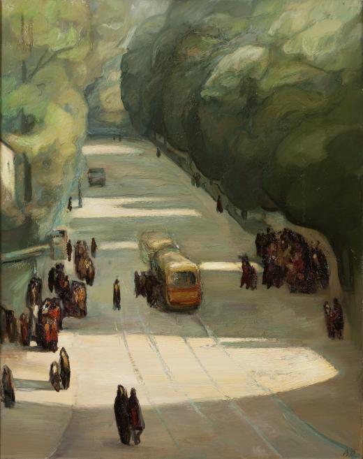 Birutas Delles gleznā gatve ar cilvēkiem pieturā un tramvaju