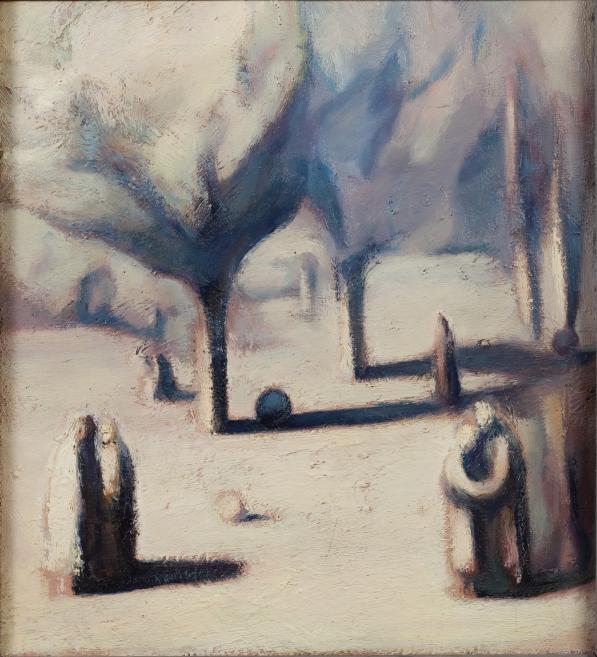 Birutas Delles gleznā cilvēki pasteļltoņu dārzā