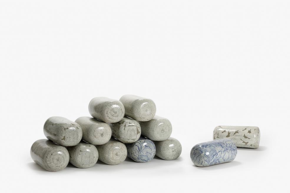 Kim Jungok. Cozy Time. Buncheong Pillows. 2010. Clay, engobe, cobalt, glaze, wheel throwing, inlay method, scraping method. Courtesy of the artist. Publicity photo